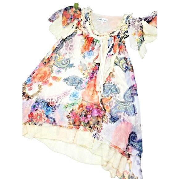 Pretty Angel Gypsy Size S Small Top Floral Lace Fringe Silk Boho Womens Shirt - Picture 1 of 8